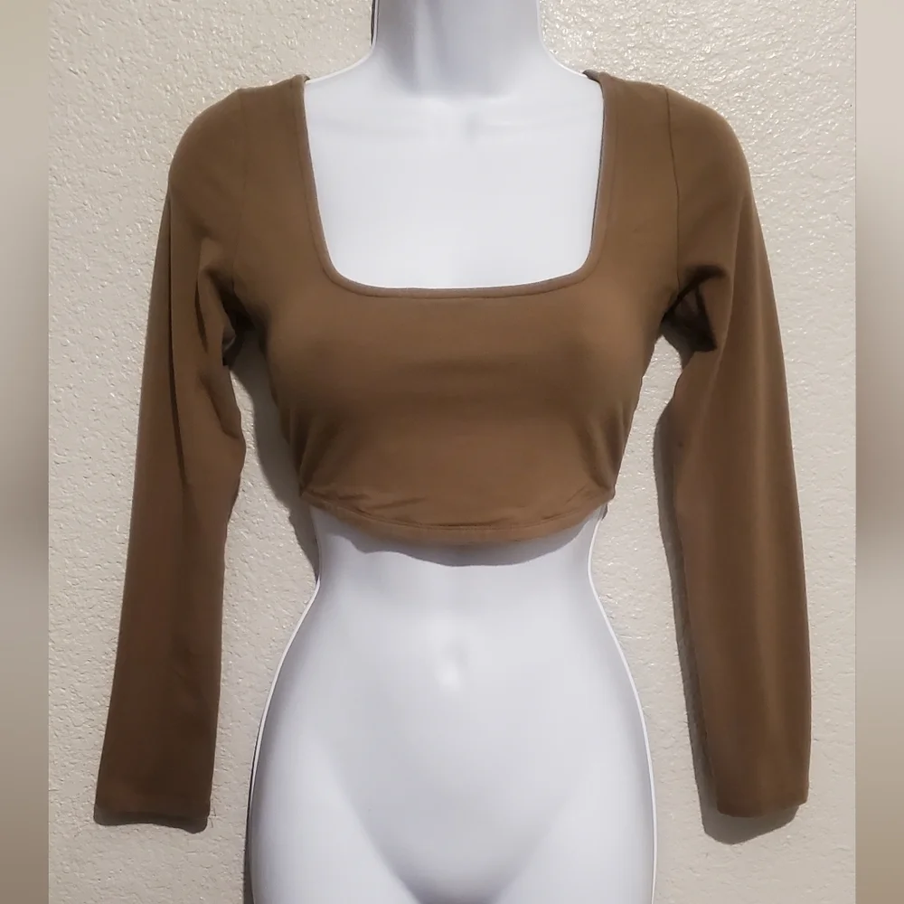 💚5/$25 Free People Beach Brown Taupe Long Sleeve Square Neck Crop Top Sz Small